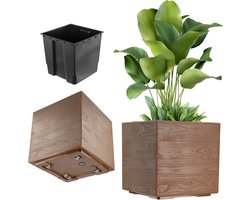 KADAX plantenbak op wielen, 39 x 40 cm, grote plastic bloempot met moderne betonlook, vierkante bloempot voor terras en tuin (bruin)