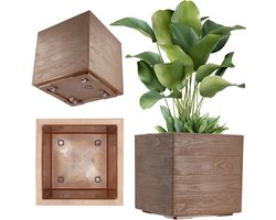 KADAX Plantenbak van kunststof, 39 x 39 cm, 7 kleuren, vierkante bloempot, bloempot met wieltjes, plantenbak met afvoerkurk (donkerbruin, houtlook)