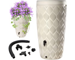 KADAX Regenton met in het deksel geïntegreerde plantenbak, 240 l, regenton van kunststof, regenwaterreservoir met kraan, vorstbestendige regentank (crème)