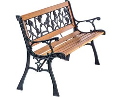 KADAX Tuinbank van hout en gietijzer, 2-zits houten bank met armleuningen en rugleuning, zitbank, parkeerbank, buitenbank voor balkon, tuin, terras (bruin/rozenpatroon)