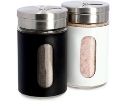 KADAX Zout- en peperstrooier, set van 2, 90 ml, strooier van glas en roestvrij staal, zoutvaatje met deksel, kruidenstrooier, kruidenpotjes (wit/zwart)