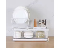 Kadirelli Afdruiprek met Lekbak – 2-Laags – Wit – Afwasrek van Metaal met Bestekhouder