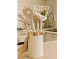 Kadirelli Keukenset 10-delig – Siliconen & Hout – Creamkleur – Hittebestendig & Vaatwasserbestendig