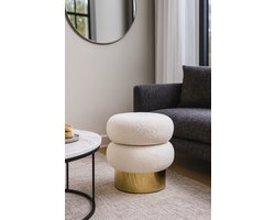 Kadirelli Luxe Poef – Rond – Wit Bouclé – Goudkleurige Basis