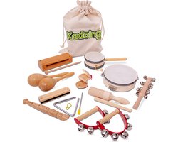 Kadoing® 18-Delige Houten Muziekinstrumentenset - Montessori Speelgoed - Houten Kinderspeelgoed - Muziek Cadeau voor Kinderen - Tamboerijn - Rammelaar - Blokfluit - Mondharmonica - Muziekset Peuters - Speelgoed - Muziekspeelgoed