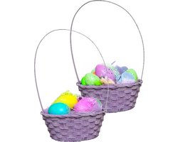 Kaemingk Rieten mandje met hengsel - 2x - paars - D20 x H38 cm - paasmandje