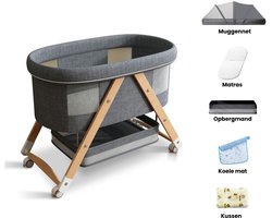Kaëru 3-in-1 Natuurlijk Babybed – Wieg, Losstaand Bedje & Reisbedje – Linnen-Katoen & Beukenhouten Poten – Met Matras & Koelmatje & Kussen & Muskietennet – Inklapbaar en Draagbaar – Voor Baby’s tot 36 Maanden (Max. 40 kg) – Wielen met Rem – Grijs