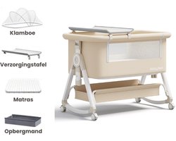 Kaëru® 4-in-1 Multifunctioneel Babybed – Co-sleeper, Losstaand Bedje, Wieg en Reisbed – 6-standen hoogteverstelling – Gemakkelijk op te bergen – Inclusief Muggennet, Matras en Verzorgingstafel – Voor Baby’s tot 36 Maanden – Beige