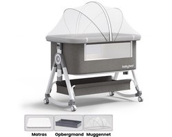 Kaëru® 4-in-1 Multifunctioneel Babybed – Co-sleeper, Vrijstaand Ledikant, Wieg en Reisbed – Verstelbare Hoogte (40–53 cm) – Gemakkelijk op te bergen – Met Muskietennet en Matras – Voor Baby’s tot 36 Maanden (max. 45 kg) – Wieltjes met Rem – Grijs