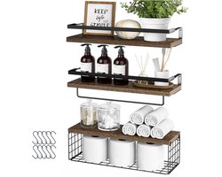 Kaëru® Wandplanken - Set van 3 - Boekenplank - Met metalen frame - Met 10 haken - Draagvermogen 10 kg per plank - 42x15.5cm - Houten planken - Badkamer, keuken, woonkamer - Vintage bruin hout