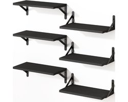 Kaëru® Wandplankenset – 6-delig – Houten Planken – Draagkracht 10 kg per plank – 42x15.5cm – Voor Badkamer, Keuken of Woonkamer – Zwart