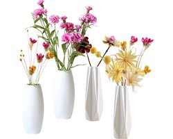 KaiaHome "Nordic White" Set van 4 Moderne Geometrische Keramische Vazen (2 modellen) - Stijlvol & Elegant - Voor Bloemen & Decoratie - Decoratieve accessoires