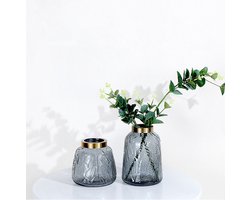 KaiaHome - Set van 2 Glazen Vazen met Grijze Bladpatroon & Gouden Details - Vaas - Modern & Elegant - Bloemenvaas voor Droogbloemen - Decoratieve accessoires woonkamer