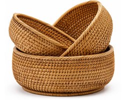 Kaiyaya - 1 set Opbergmand - Natuurlijk rattan - 3 stuks rond - Handgeweven en stapelbaar - Voor fruit en snacks