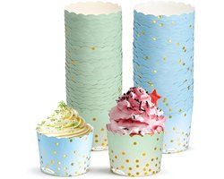 Kaiyaya - 100 stuks Cupcake Vormpjes - Voedselveilig en Hittebestendig - Blauw en Groen met Gouden Stippen - Papieren Bakvormpjes 6x5,5x7cm - Voor Oven, Magnetron en Feesten