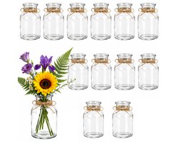 Kaiyaya - 12 stuks glazen mini vaasjes - transparant en helder - 125 ml - vaatwasserbestendig - voor tafeldecoratie en droogbloemen