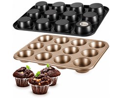 Kaiyaya - 2 stuks Muffinvorm - 12 cups zwart en goud - Anti-aanbak koolstofstaal - Voor muffins en cupcakes - Bakvorm set