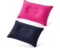 Kaiyaya - 2 Stuks Opblaasbaar Reiskussen - Lichtgewicht Opvouwbaar - Met Zachte Flocklaag - Met Afsluitbaar Ventiel - Voor Reizen Kamperen Auto Blauw Grijs 34x22 cm