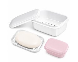 Kaiyaya - 2 stuks Zeepbakje met deksel - Wit en roze - Met waterafvoer - BPA-vrij kunststof - Voor badkamer en reizen