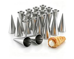 Kaiyaya - Croissantvormen set 20 stuks - Bakken van roomhoorns, cannoli & ijshoorntjes - RVS, conisch - 12 cm - Voor oven, airfryer - Zilver, 20 stuks + 1 borstel