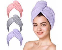 Kaiyaya - Haarhanddoek set - 3 stuks microvezel en super absorberend - met knoopbevestiging - 25 x 65 cm - roze, grijs en lichtpaars