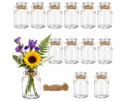 Kaiyaya - Set van 12 glazen mini vaasjes - met decoratief touw - 125 ml en 10 cm hoog - transparant en vaatwasserbestendig - voor bloemen en decoratie