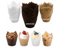 Kaiyaya - Tulp cupcakevormpjes - 200 stuks houtpulp - wit, lichtbruin en donkerbruin - 5 cm bodem en 8 cm hoog - hittebestendig tot 220°C