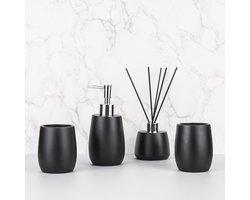 Kaizer Badkamer Accessoires Set - Vierdelig Zwart - Tandenborstelhouder - Zeeppompje - Geurstokjes - Diffuser - Beker - Geurstokhouder