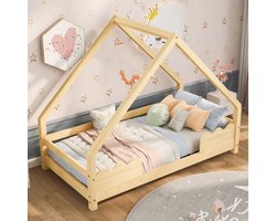 Kajuitbed - Huisbed - kinderbed 90x200 cm met valbeveiliging - speelbed - naturel massief hout - zonder matras