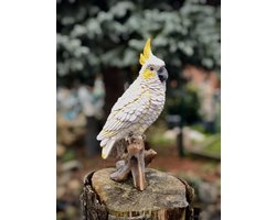 Kaketoe wit op stam 26 cm hoog - levensecht - polyester - polystone - beeld - tuinbeeld - hoogkwalitatieve kunststof - decoratiefiguur - interieur - accessoire - voor binnen - voor buiten - cadeau - geschenk - vogelliefhebber