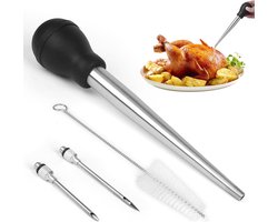 Kalkoenbaster met siliconen zuigbol, roestvrijstalen kalkoenbaster van voedingskwaliteit voor koken, bakken en injecteren van marinade, zwart
