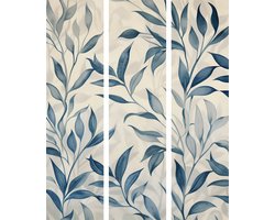 Kamerscherm – 3-Delig – 135 x 172 cm – Dubbelzijdig bedrukt – Leaves in Blue Colors - Delicate Botanical Motif – Houten Frame – Roomdivider