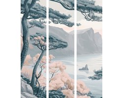 Kamerscherm – 3-Delig – 135 x 172 cm – Eenzijdig bedrukt – Mountainous Coast with Trees and Rocks - in Light Pastel Blues – Houten Frame – Roomdivider