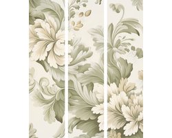Kamerscherm – 3-Delig – 135 x 172 cm – Eenzijdig bedrukt – Retro Vintage Flowers in Soft Cream and Green Colors – Houten Frame – Roomdivider