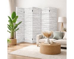 Kamerscherm Canvas Met Wit Stenen Muur Print – 5 Panelen – 200×180 cm – Dubbelzijdig Bedrukt – Room Divider – Privacy Scherm – Woonkamer & Kantoor