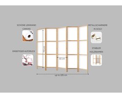 Kamerscherm / Paravent 225x172 cm – 5-delig Oosters Houten Roomdivider – Opvouwbare Scheidingswand met Linnen Canvas – Privacy Scherm voor Woonkamer, Slaapkamer & Kantoor – Bohemian Stijl – Faisal