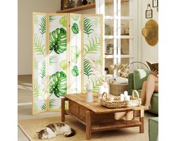 Kamerscherm Vouwbaar 160 Bij 170 cm Houten Frame Groen Vierdelig Vrijstaand Boho Ontwerp Met Tropisch Bladmotief Voor Woonkamer