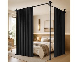 Kamerverdeler met Gordijnen - Zonder Boren - Verstelbaar 183-508 cm Breed en 110-300 cm Hoog - 3 Staanders en 2 Roedes - Zwart