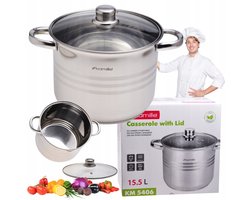 Kamille RVS Pan 15,5L met Glazen Deksel - Geschikt voor Inductie