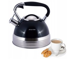 Kamille Stalen Waterkoker 2.7L met Fluitje - Zwart, Geschikt voor Inductie
