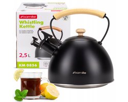 Kamille Stalen Waterkoker met Fluitje - Zwart, 2.5L - Geschikt voor Inductie