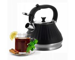 Kamille Traditionele Waterkoker met Fluitje - Zwart Staal - 3L - Gas/Inductie