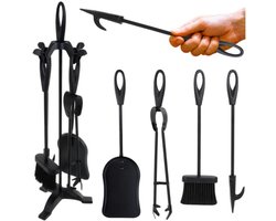 Kaminer Haardset 4 delig met standaard pook tang schep en borstel zwart metalen haardaccessoires