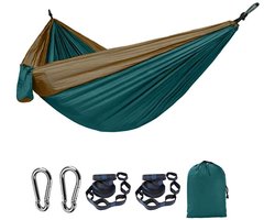 Kampeerhangmat Lichtgewicht, draagbare hangmatten Parachutehangmat met twee boomriemen, enkele of dubbele reisschommel Nylon kampeerhangmatten, outdoor essentials voor strandrugzaktochten en wandelen - Donkergroen bruin