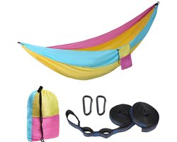 Kampeerhangmat - Reishangmat met banden - 1 stuk - Draagbare, ademende hangmat - Geschikt voor tuin, buiten, backpacken, reizen - Buitenhangmat met parachutestof - Enkel, dubbel, kamperen, fietsen, binnen, vrijetijdshangmat - 270 x 140 cm