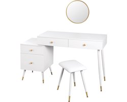 Kamyra® Kaptafel met Spiegel - Toilettafel, Kaptafels, Make Up Tafel, Bureau - 100x40x75.5 cm - MDF & Metaal - Wit met goud