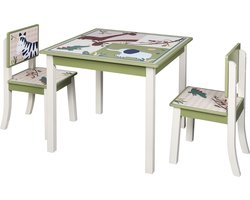 Kamyra® Kindertafel en 2 Stoeltjes met Dierenprint - Kindermeubels, Tafel, Tafeltje - Voor Peuter, Kleuter & Kinderen - Hout/MDF