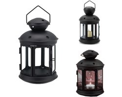 Kandelaar, decoratieve houder, sierstuk, stervormige winddichte kandelaar, draagbare kandelaar, met transparant glazen frame, geschikt voor het vasthouden van geurkaarsen, kleine ornamenten en decoraties (24*12,5cm, zwart)