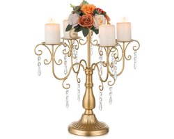 Kandelaar kaarsenhouder goud, kandelaar 5-armige kandelaar voor stompkaars met kristallen hanger decoratief voor bruiloft Kerstmis tafelversiering