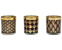 KANDELAAR | KAARSENSTANDAARD | LANTAARN | WINDLICHTEN | KAARSENHOUDERS | WAXINELICHTHOUDER | THEELICHTHOUDER | SET 3ST. | GLAS | ZWART GOUD | RETRO | 7x7x8CM.